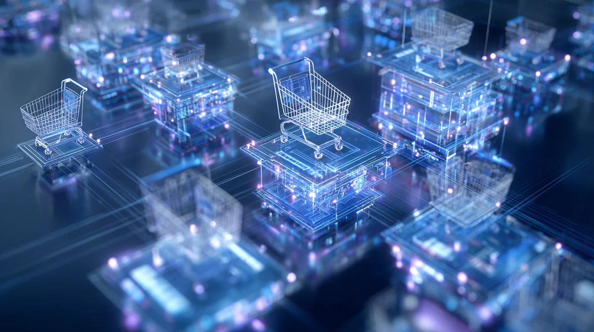 Abstract visualization of autonomous AI agents transacting across machine-native digital markets via stablecoin rails and pay-per-use API access