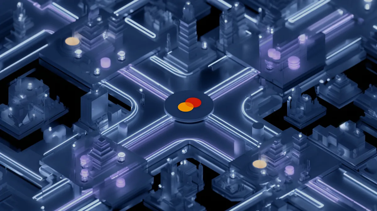 Abstract visualisation of global payment infrastructure with stablecoin rails connecting fiat and blockchain settlement networks
